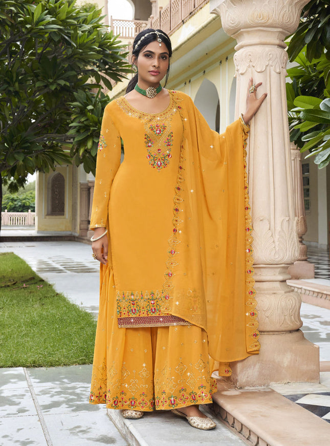 Mustard Georgette Embroidered Palazzo Kameez