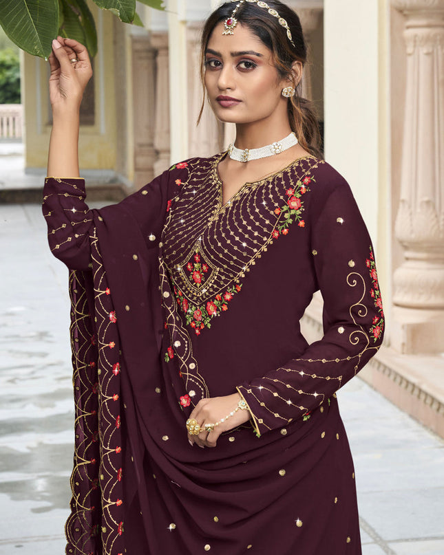 Burgundy Georgette Embroidered Palazzo Kameez
