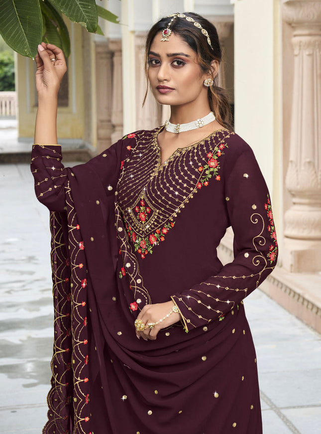 Burgundy Georgette Embroidered Palazzo Kameez