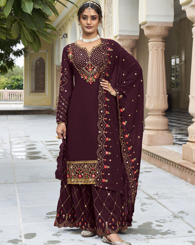 Burgundy Georgette Embroidered Palazzo Kameez