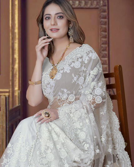 White Net Party Wear Saree