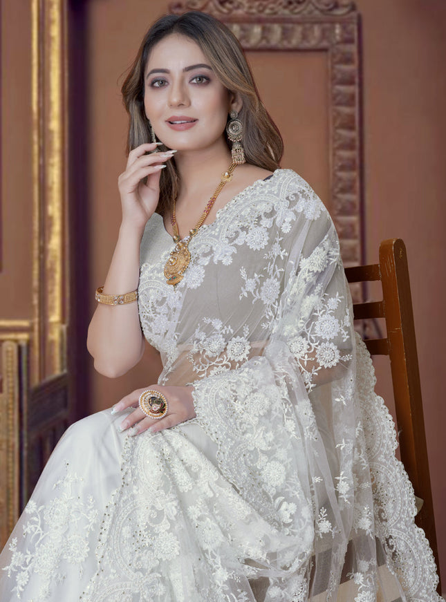 White Net Party Wear Saree