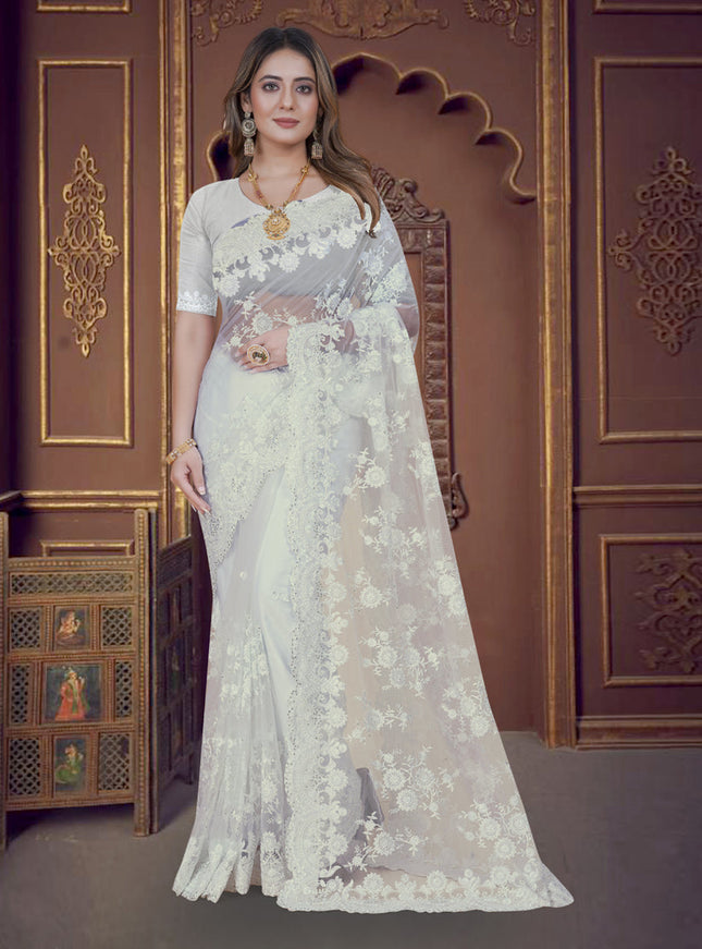 White Net Party Wear Saree
