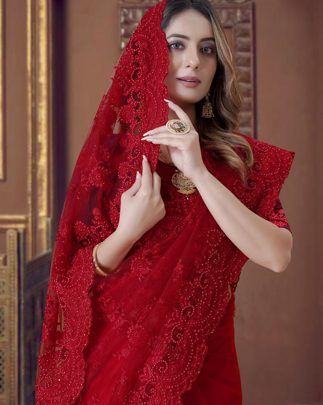 Red Net Party Wear Saree