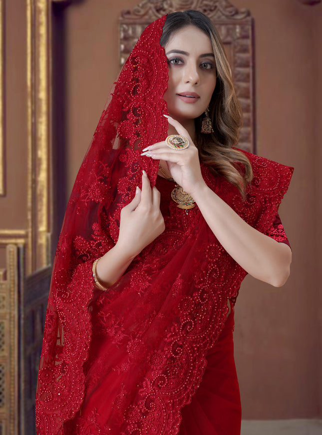 Red Net Party Wear Saree