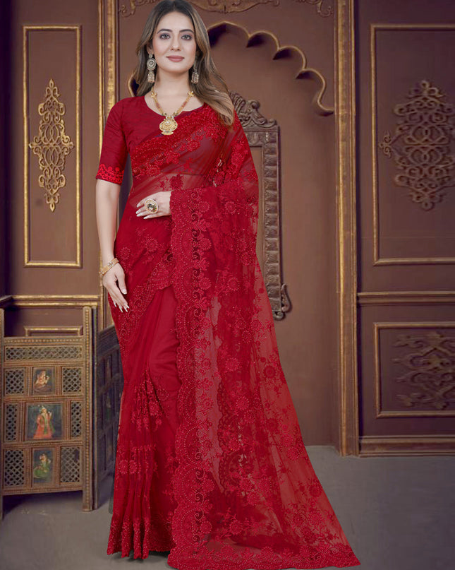 Red Net Party Wear Saree