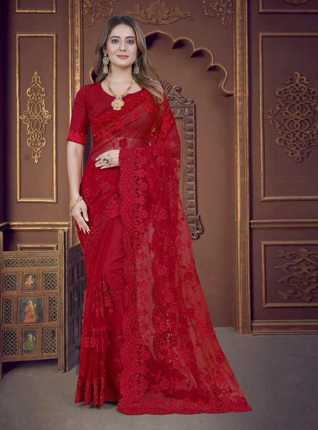 Red Net Party Wear Saree