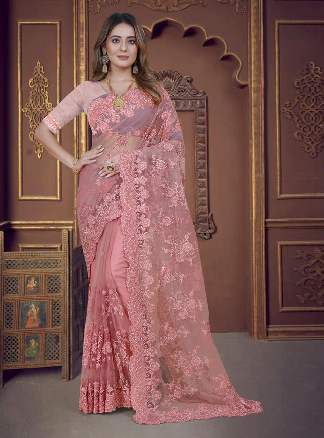 Coal Pink Net Party Wear Saree