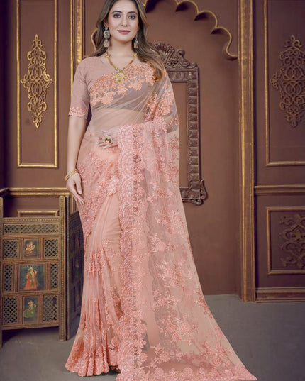 Peach Net Party Wear Saree