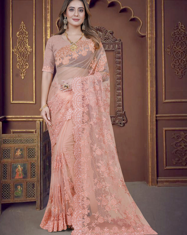 Peach Net Party Wear Saree