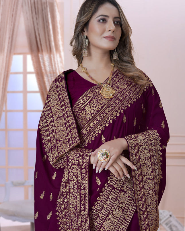 Wine Silk Embroidered Saree