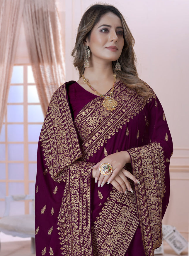 Wine Silk Embroidered Saree