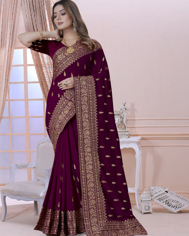 Wine Silk Embroidered Saree