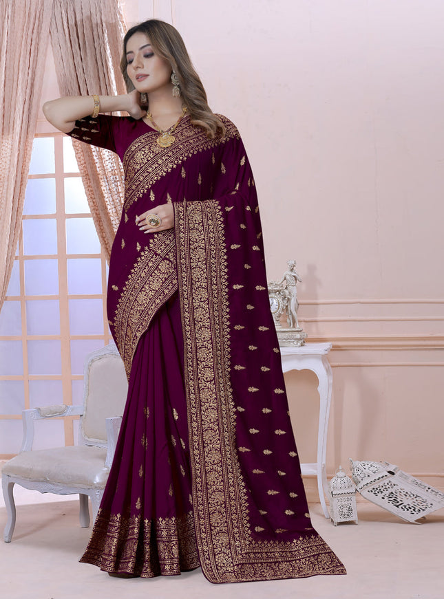 Wine Silk Embroidered Saree