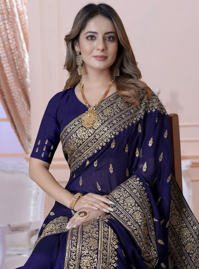 Navy Blue Silk Embroidered Saree