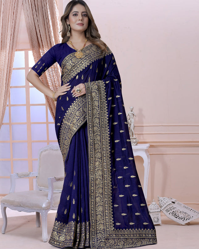Navy Blue Silk Embroidered Saree