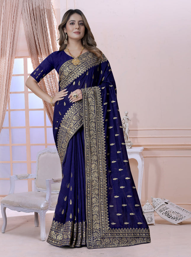 Navy Blue Silk Embroidered Saree