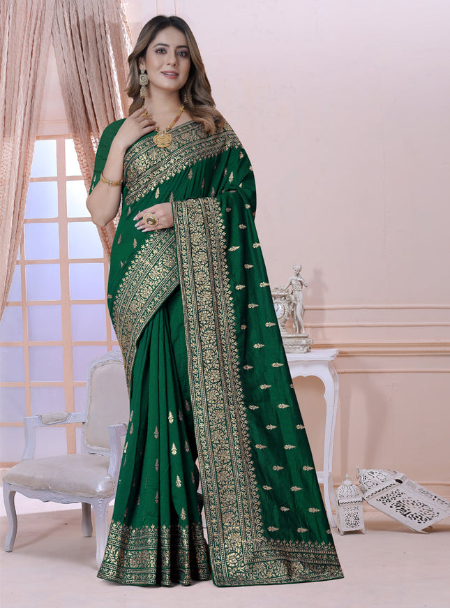 Forest Green Silk Embroidered Saree