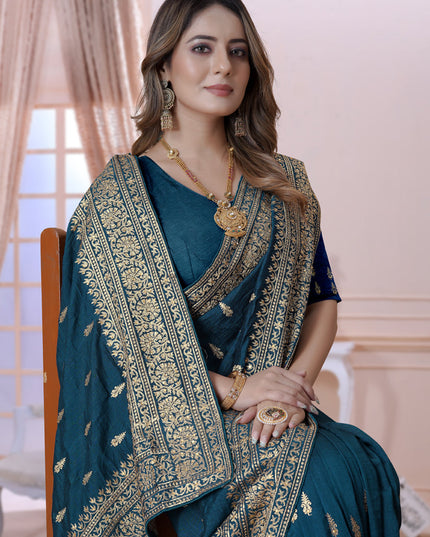 Peacock Blue Silk Embroidered Saree