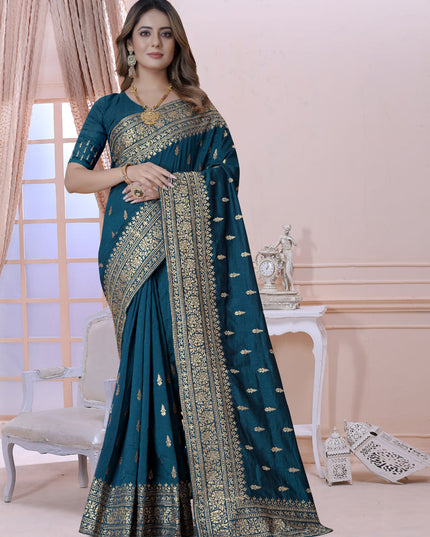 Peacock Blue Silk Embroidered Saree