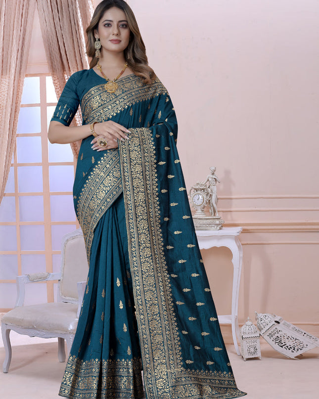 Peacock Blue Silk Embroidered Saree