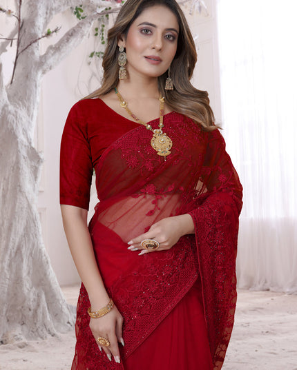Red Net Heavy Embroidred Saree