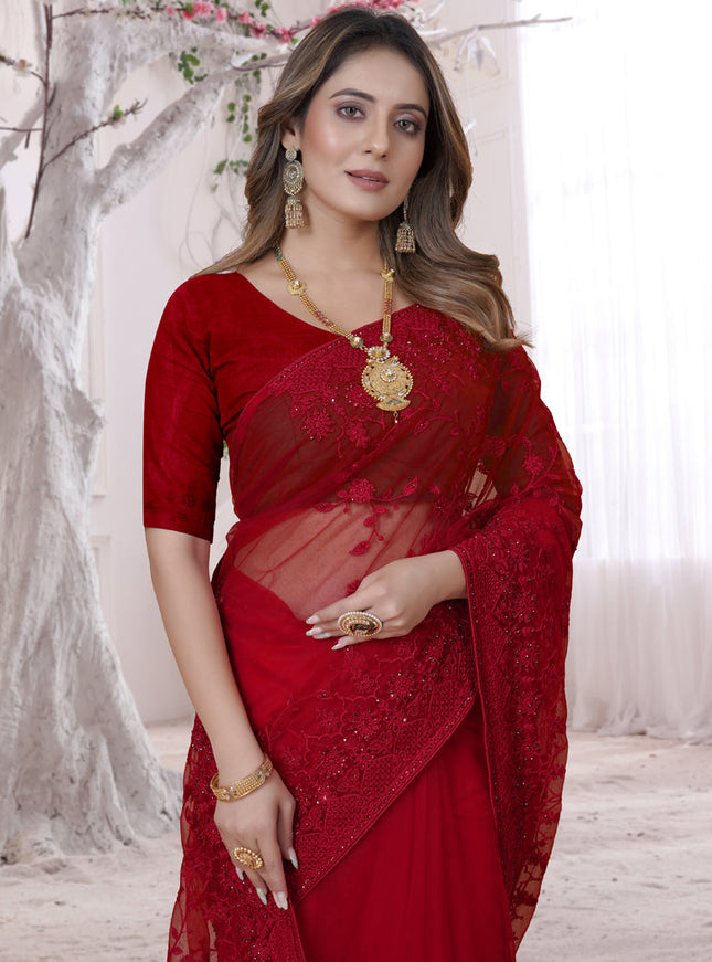 Red Net Heavy Embroidred Saree