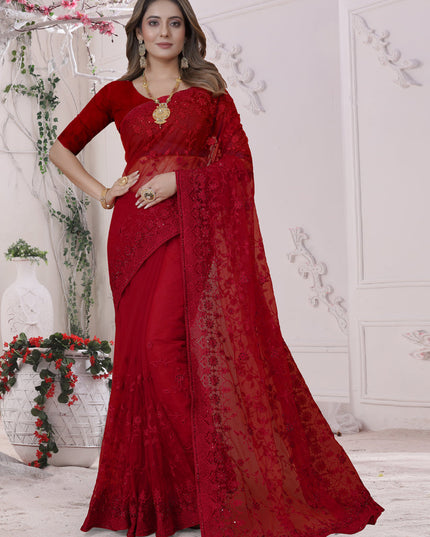 Red Net Heavy Embroidred Saree