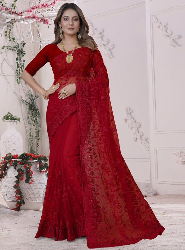 Red Net Heavy Embroidred Saree