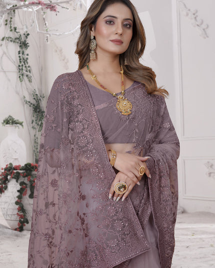 Mauve Net Heavy Embroidred Saree