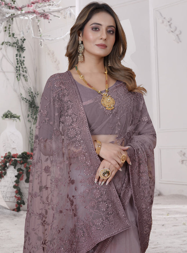 Mauve Net Heavy Embroidred Saree