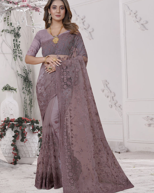 Mauve Net Heavy Embroidred Saree