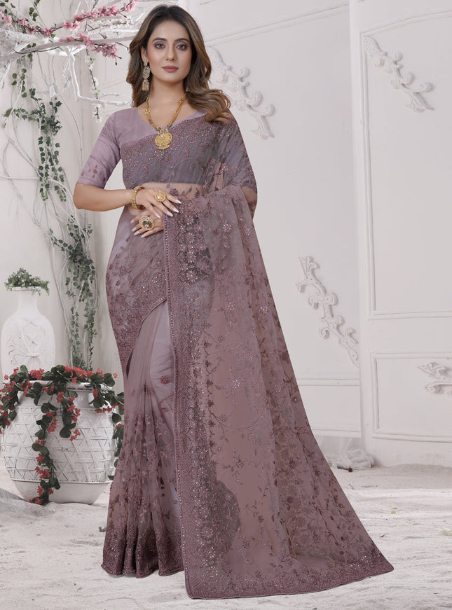 Mauve Net Heavy Embroidred Saree