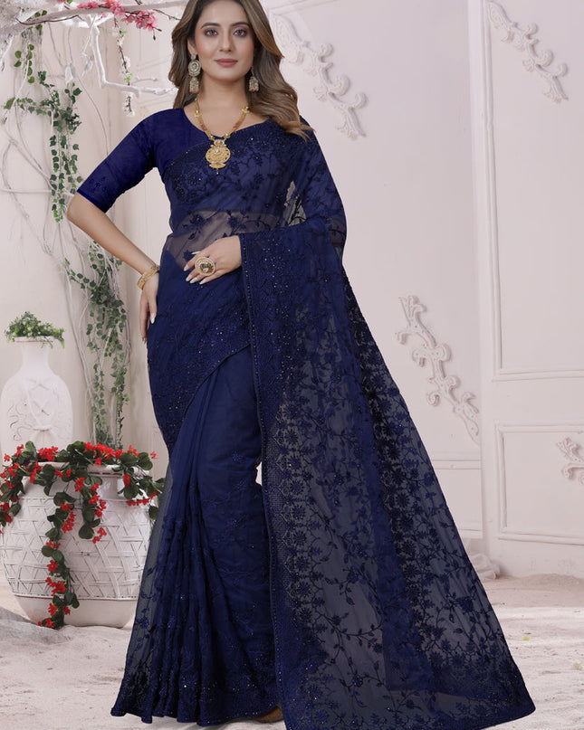 Navy Blue Net Heavy Embroidred Saree