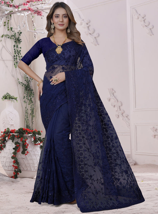 Navy Blue Net Heavy Embroidred Saree