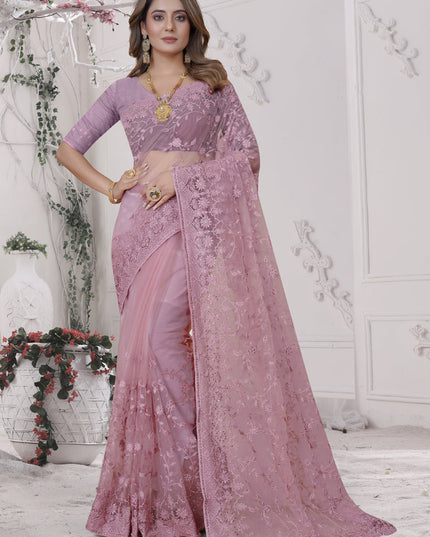 Dusty Pink Net Heavy Embroidred Saree