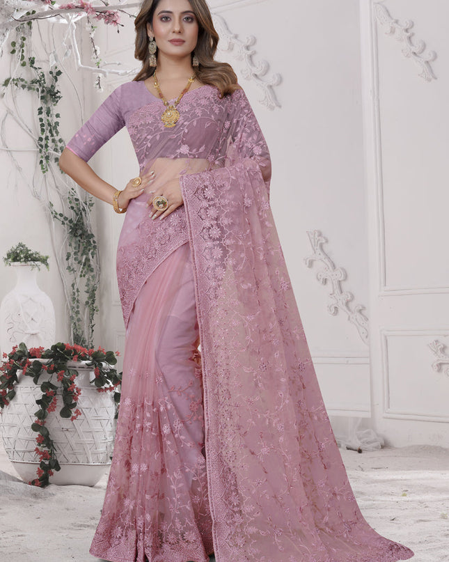 Dusty Pink Net Heavy Embroidred Saree