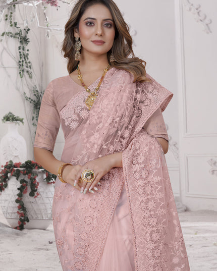 Dusty Peach Net Heavy Embroidred Saree