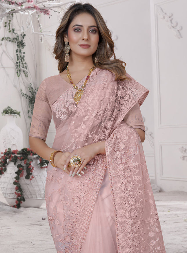 Dusty Peach Net Heavy Embroidred Saree