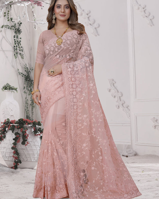 Dusty Peach Net Heavy Embroidred Saree