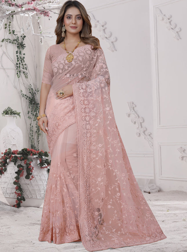 Dusty Peach Net Heavy Embroidred Saree