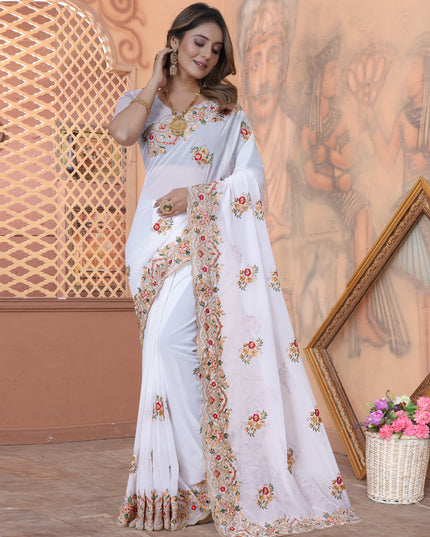 White Georgette Embroidered Saree