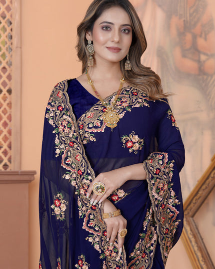 Navy Blue Georgette Embroidered Saree
