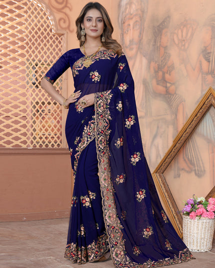 Navy Blue Georgette Embroidered Saree