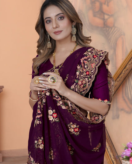 Purple Georgette Embroidered Saree
