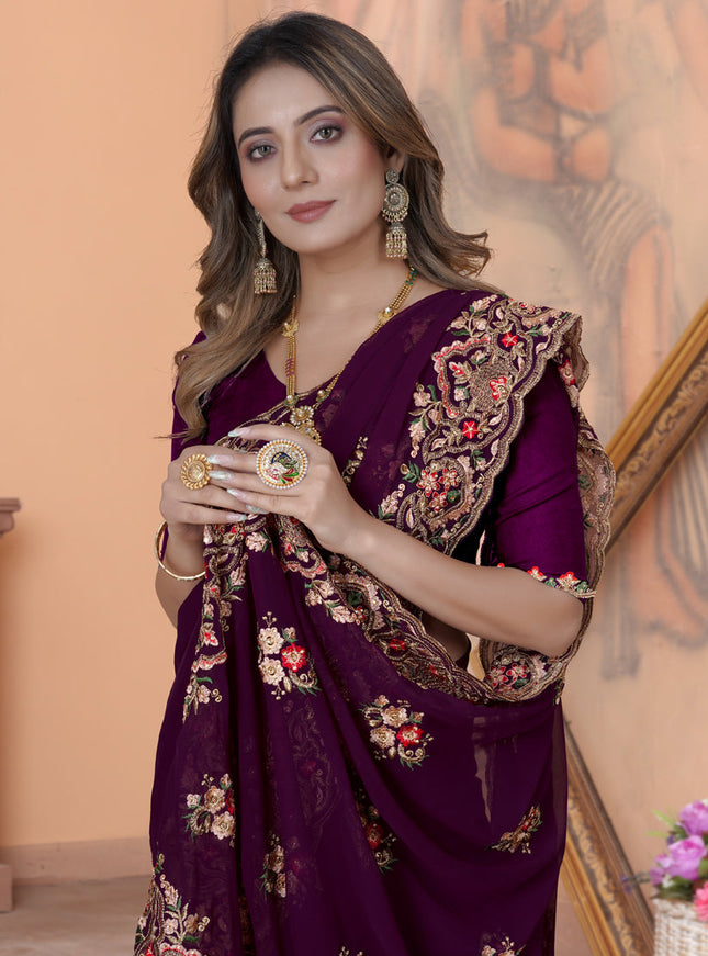 Purple Georgette Embroidered Saree