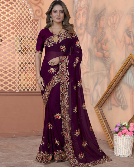 Purple Georgette Embroidered Saree