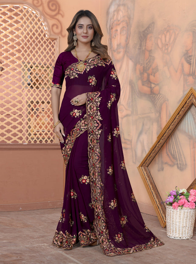 Purple Georgette Embroidered Saree