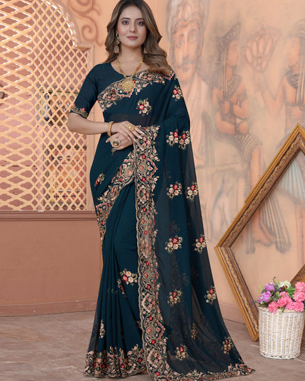 Teal Blue Georgette Embroidered Saree