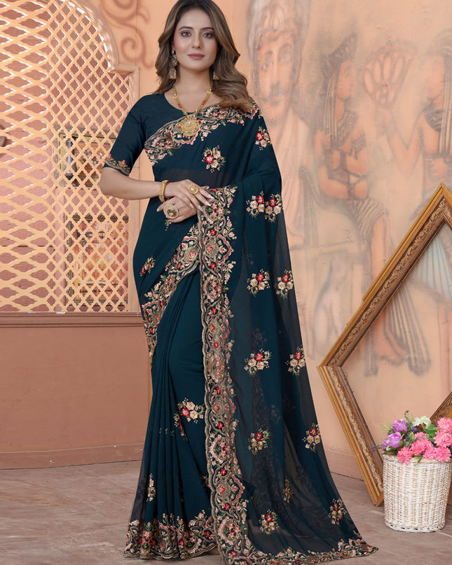 Teal Blue Georgette Embroidered Saree
